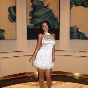 Elegant White Feather Trim Mini Dress